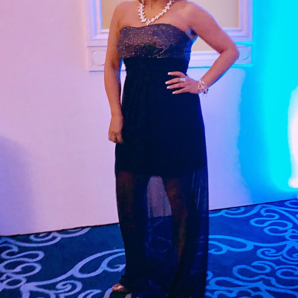 Long blue sheer dress.